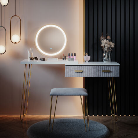 Coiffeuse Zoey, Gris, 120 cm avec éclairage LED et tabouret, Vicco