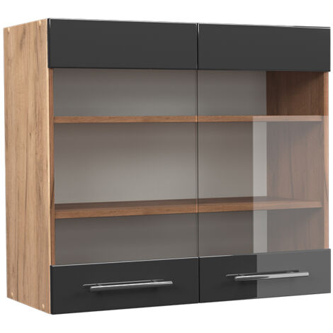 Vicco – Meuble de cuisine haut vitré Fame-Line – Anthracite haute brillance – 80 cm x 72 cm x 34,1 cm – Panneau de particules 16 mm (1/5)