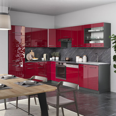 Cuisine en angle Fame-Line, Bordeaux haute brillance/anthracite, 227 x 60 cm sans plan de travail, Vicco