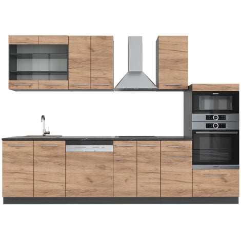 Cuisine Fame-Line, Chêne doré/anthracite, 300 cm avec armoire haute, sans plan de travail, Vicco