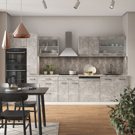 Cuisine  R-Line, Béton/blanc, 350 cm avec armoire haute, PT Marbre, Vicco