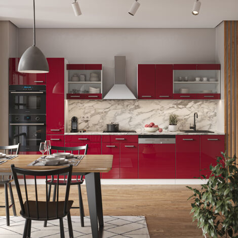 Cuisine R-Line, rouge brillant/blanc, 350cm avec armoire haute, sans PT, Vicco