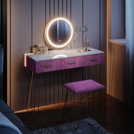Coiffeuse Sherry Blanc 120cm avec miroir LED et tabouret Vicco | Blanc