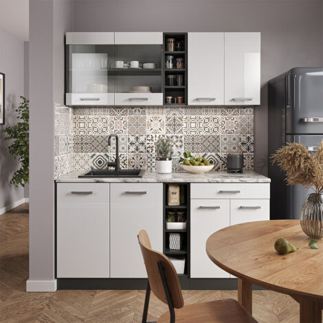 Cuisine R-Line, Blanc brillant/Anthracite, 160 cm sans plan de travail, Vicco