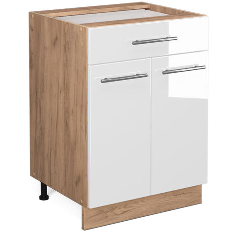 Meuble cuisine Fame-Line, Blanc Haute brillance, 60 cm avec tiroir, sans plan de travail, Vicco