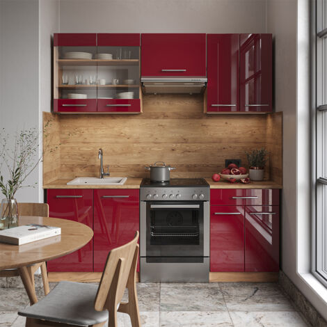 Cuisine Fame-Line, Bordeaux brillant/Chêne doré, 200 cm sans plan de travail, Vicco