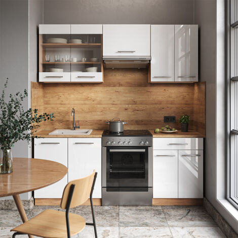 Cuisine Fame-Line, Blanc brillant/Chêne doré, 200 cm sans plan de travail, Vicco (1/5)