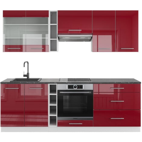 Cuisine Fame-Line, Bordeaux haute brillance/blanc, 235 cm sans plan de travail, Vicco
