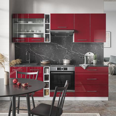 Cuisine Fame-Line, Bordeaux haute brillance/blanc, 235 cm sans plan de travail, Vicco