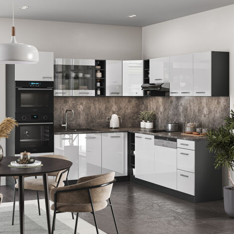 Cuisine en angle R-Line, Blanc brillant/Anthracite, 237 x 60 cm sans plan de travail, Vicco