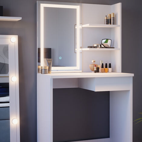 Coiffeuse Bella Avec Miroir LED & Tabouret – Blanc – Moderne – Vicco