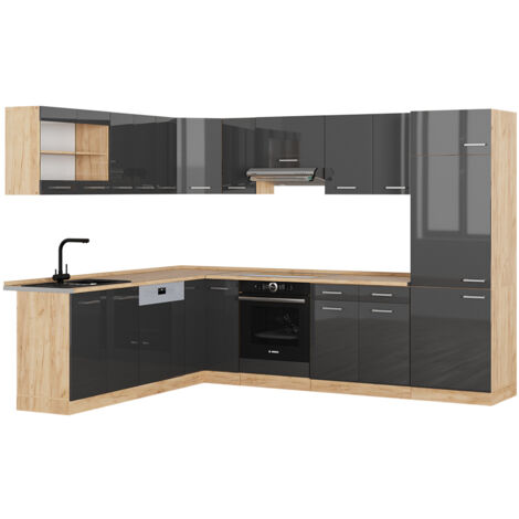 Vicco – Cuisine en angle R-Line – Anthracite brillant/Chêne doré – Dimensions 227 x 287 cm – Modules personnalisables pour petits espaces (1/5)