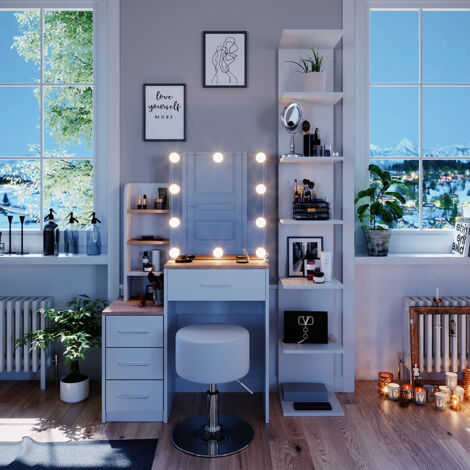 Coiffeuse Conrada, Blanc/Sonoma, 80 cm avec éclairage LED et tabouret, Vicco