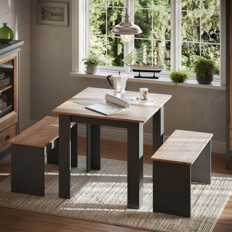 Ensemble de table à manger Sentio, Anthracite/chêne doré, 80x80cm avec 2 bancs, Vicco