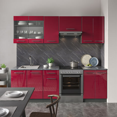 Armoires de cuisine Fame-Line, Rouge bordeaux Haute brillance, 240 cm sans plan de travail, Vicco (1/5)