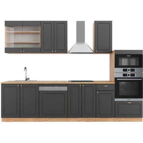 Cuisine Fame-Line, Anthracite Campagne/Chêne doré, 300 cm avec armoire haute, sans plan de travail, Vicco