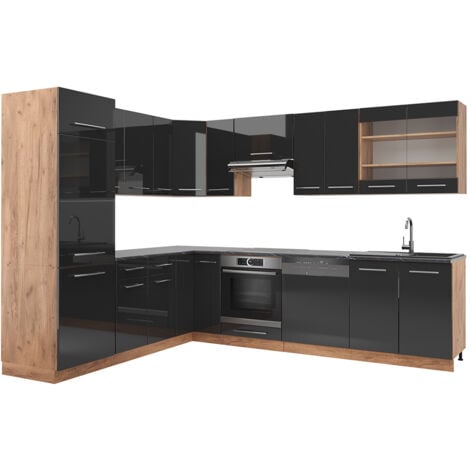 OBI Cuisine complete d'angle L 280 cm - Noir laqué brillant