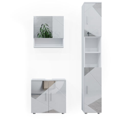 Ensemble de meubles de salle de bain Irma, Blanc, 3 pièces, avec armoire à tiroirs et armoire haute, Vicco