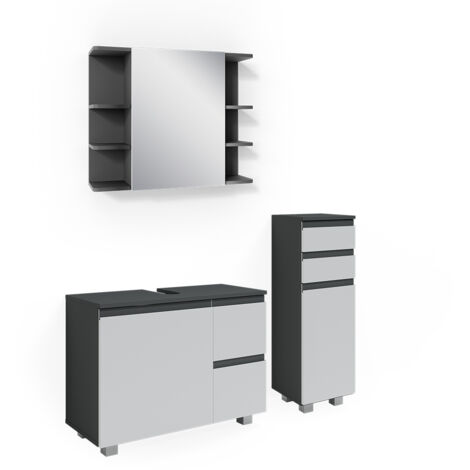 Ensemble de meubles de salle de bain J-Shape, Anthracite, 3 pièces, avec armoire de milieu, Vicco