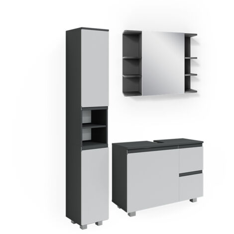 Ensemble de meubles de salle de bain J-Shape, Anthracite, 3 pièces, avec armoire haute, Vicco