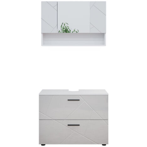 Ensemble de meubles de salle de bain Irma, Blanc Haute brillance, 2 pièces, armoire basse 80 cm, Vicco