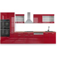 Ligne de cuisine R-Line, rouge brillant/blanc, 350cm avec armoire haute, PT Chêne, Vicco
