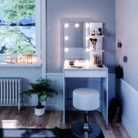 Coiffeuse Isabelle, Blanc, 60 cm avec éclairage LED et tabouret, Vicco
