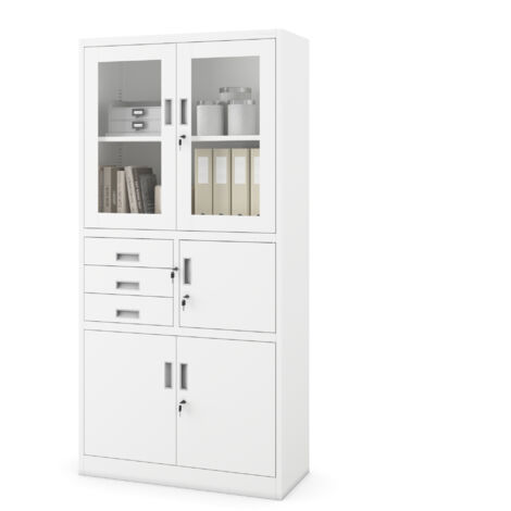 Armoire en métal avec vitrine et coffre-fort FILIP, 900 x 1850 x 400 mm, blanc