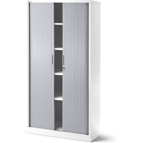 Classeur de bureau en métal avec volet roulant DAMIAN, 900 x 1850 x 450 mm, blanc et gris