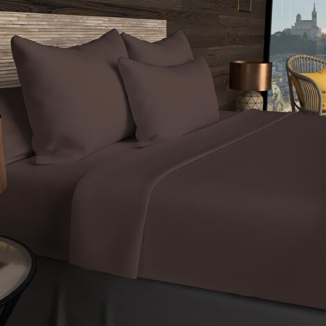 Drap plat en coton 57 fils 260x300 cm UNI brun, par Soleil d'ocre