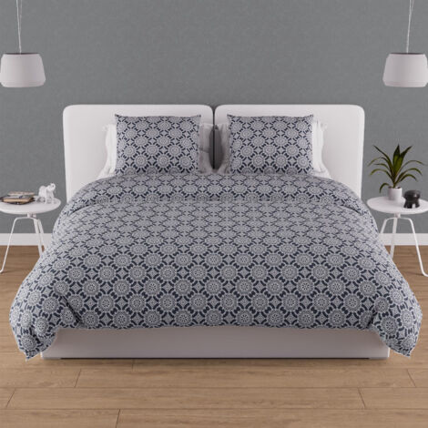 Parure housse de couette en coton 57 fils 260x240 cm ESMERALDA marine, par Soleil d'ocre
