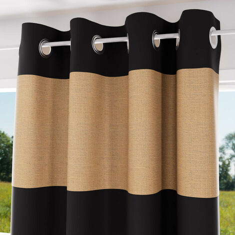 Homemaison – Rideau à oeillets en coton lavé 135x250 cm – Parement en jute naturel et noir – Finition anti-rouille – Lavable à froid