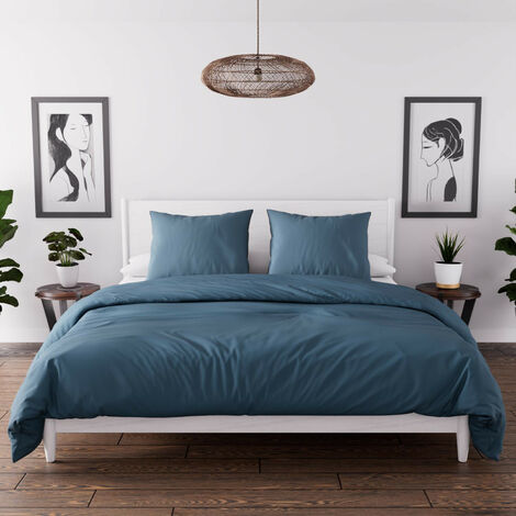 Parure housse de couette en microfibre lavée 260x240 cm BOHEME bleu canard, par Soleil d'Ocre