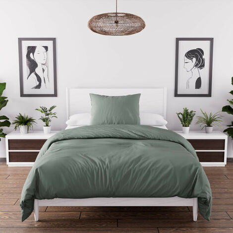 Parure housse de couette en microfibre lavée 140x200 cm BOHEME vert kaki, par Soleil d'Ocre