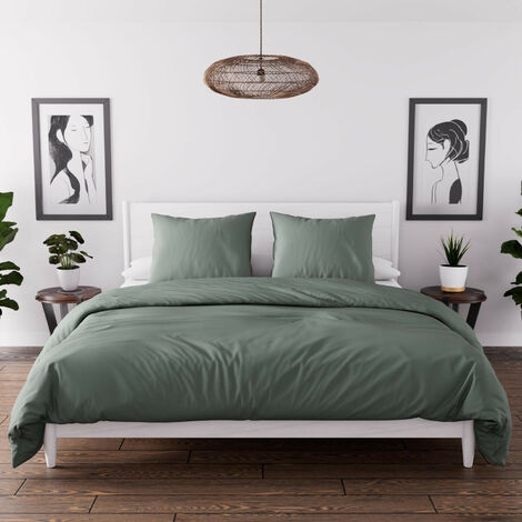 Parure housse de couette en microfibre lavée 240x220 cm BOHEME vert kaki, par Soleil d'Ocre