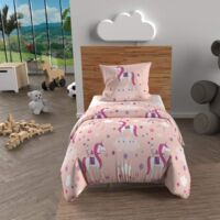 Soleil D Ocre – Parure de lit housse de couette 120x150 cm – 100% coton 57 fils/cm2 – Imprimé licornes rose – Entretien facile