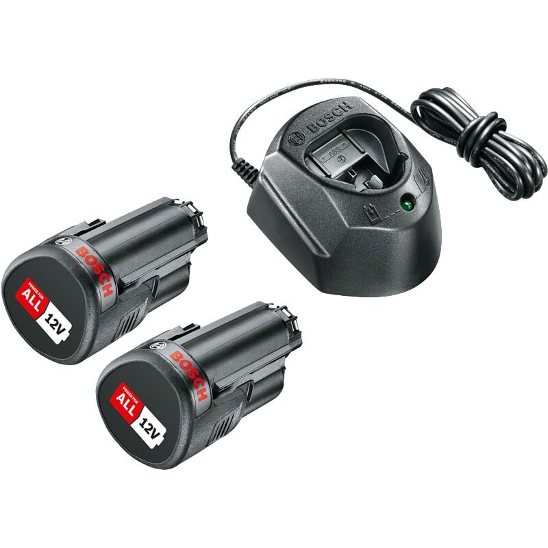 Bosch set de iniciación de baterías 12V (2 baterías, 1,5 Ah, sistema de 12 V, con cargador)