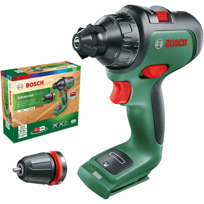 Bosch atornillador a batería AdvancedDrill 18 (sin batería, sistema de 18 V, 3 accesorios, Ø de taladro en madera 35 mm)