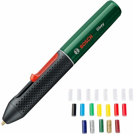 Bosch barra de adhesivo termofusible a batería Gluey Evergreen (color: verde oscuro, con 20 barras de adhesivo: 8 transparentes, 7 de color, 5 de purpurina)
