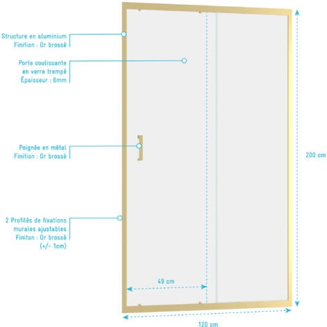 Porte de douche Coulissante 120x200cm - Profilés Or Doré Brossé - Verre Trempé 6mm - GOLDY CRUSH