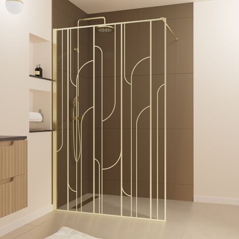 Aurlane – Paroi de douche arrondie dorée 120x195 cm – Verre trempé 5 mm – Sérigraphie motifs géométriques – Aluminium Or Brossé