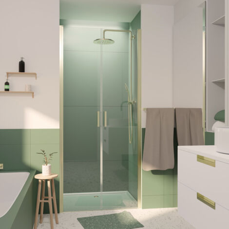 porte de douche double battant 90x200cm - verre trempé transparent 6mm - profil or doré brossé