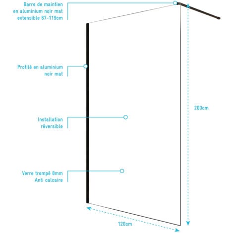 paroi de douche 120x200cm en verre trempé transparent 8mm anticalcaire - profilé noir mat - lina