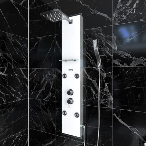colonnne de douche a hydromassage - 22x125cm - en verre trempe + buses hydromassantes- epsilon white