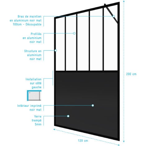 Paroi de douche 120x200 cm type Verriere - Verre trempe et Structure aluminium noir mat