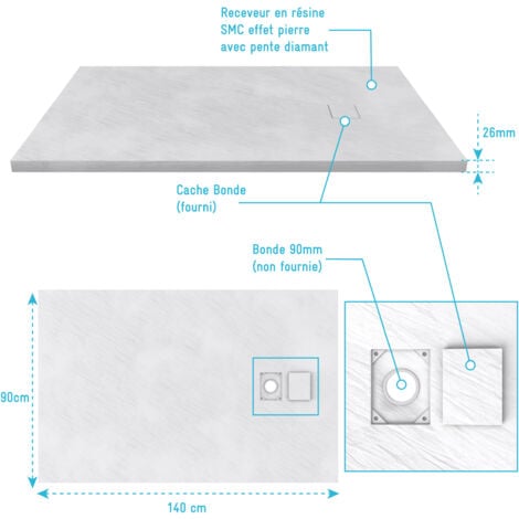 receveur a poser en materiaux composite smc - finition ardoise blanc mat - 90x140 cm