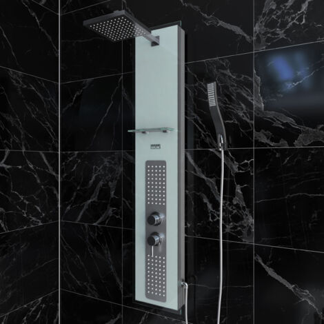 colonne de douche à hydromassage 22x125cm - verre trempé avec plaque inox - alpha white