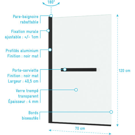 Pare baignoire Rabattable avec porte-serviette 70x120 cm - Profilé Noir Mat - Verre 4 mm