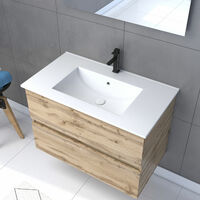 Meuble salle de bain 80x54 - Finition chene naturel + vasque blanche + miroir led - TIMBER 80 - Pack36