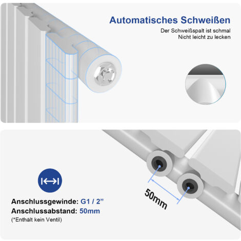 Meykoers Heizkörper Design Flachheizkörper 160x46cm Vertikal Einzelne Schicht Mittelanschluss 850W - 1600x460mm Einlagig Weiß Radiator